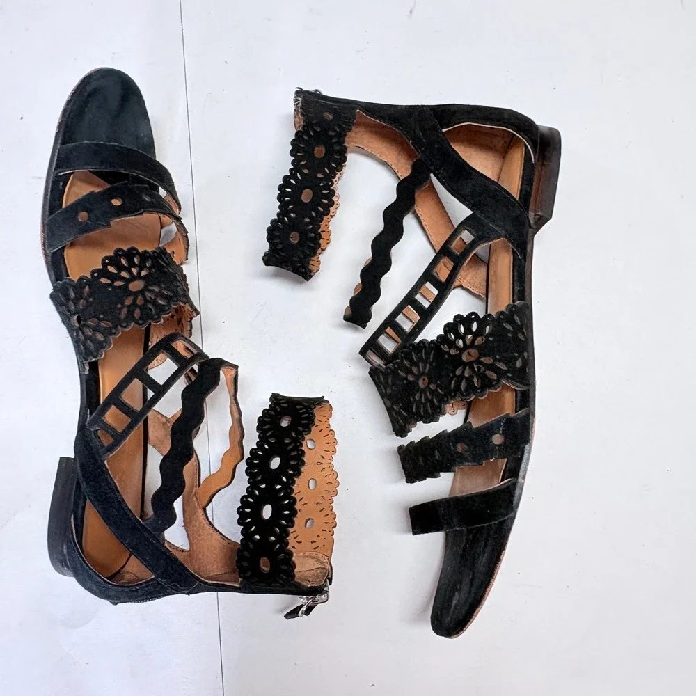 Rebecca Minkoff Black Suede Gladiator Sandal 7.5‎ Scalloped Boho Flat Festival